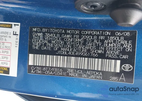 2009 Toyota Corolla Le из США, поврежденный, VIN JTDBL40E499061766